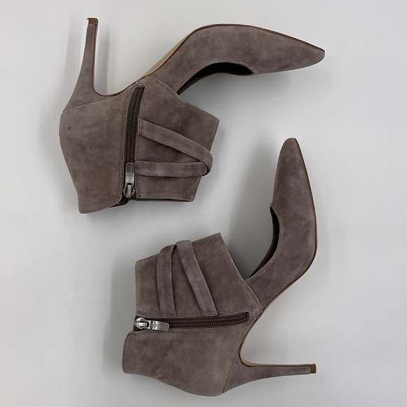 BCBGeneration Suede Zip Ankle Bootie Heels Cut Out Buckle Strap Taupe Warm Grey - Picture 8 of 16